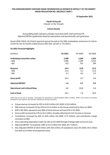 Thumbnail Equals Group Half-year Report 2021-h1