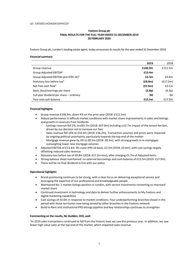 Thumbnail Foxtons Group Financial Report 2019