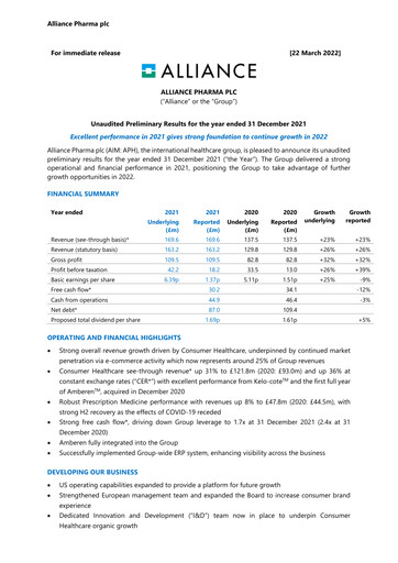 Thumbnail Alliance Pharma Financial Report 2021