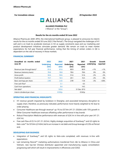 Thumbnail Alliance Pharma Half-year Report 2022-h1