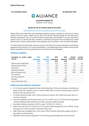 Thumbnail Alliance Pharma Half-year Report 2023-h1