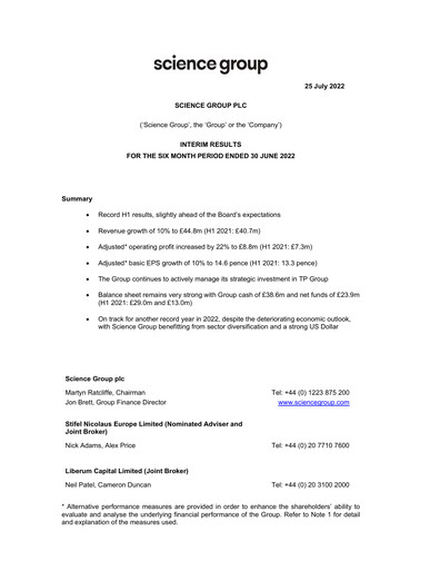 Thumbnail Science Group Half-year Report 2022-h1