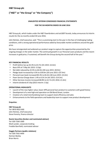 Thumbnail H&T Group plc Half-year Report 2016-h1