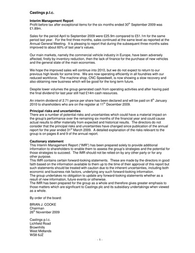 Miniature Castings P.L.C. Rapport semestriel 2009-h1