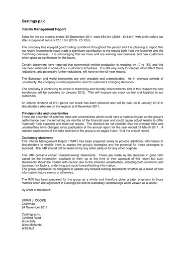 Miniature Castings P.L.C. Rapport semestriel 2011-h1