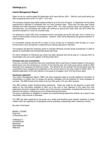 Miniature Castings P.L.C. Rapport semestriel 2012-h1