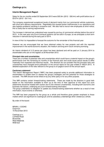 Miniature Castings P.L.C. Rapport semestriel 2013-h1
