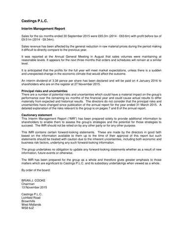 Miniature Castings P.L.C. Rapport semestriel 2015-h1