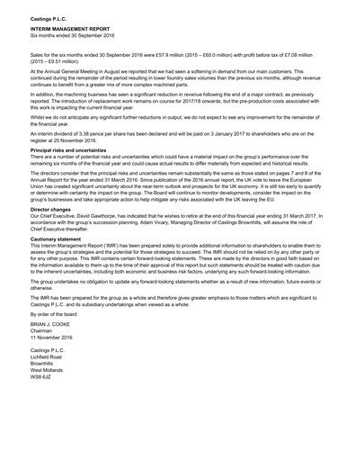 Miniature Castings P.L.C. Rapport semestriel 2016-h1