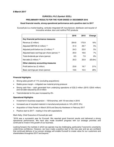 Thumbnail Eurocell Financial Report 2016