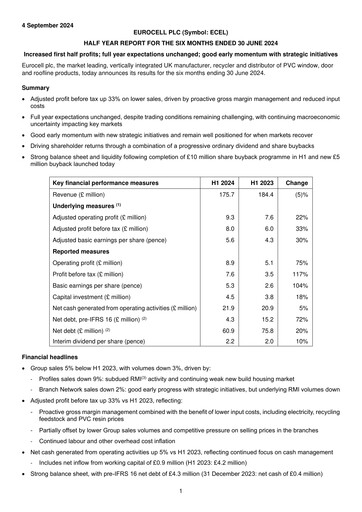 Thumbnail Eurocell Half-year Report 2024-h1