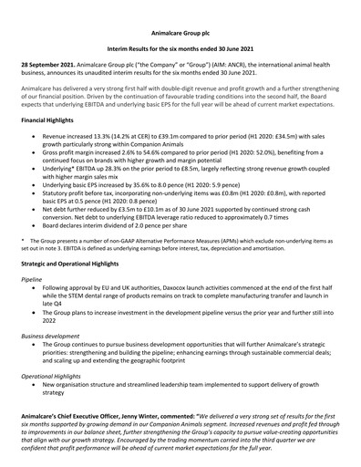 Thumbnail Animalcare Group Half-year Report 2021-h1