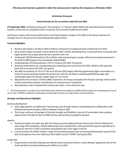 Thumbnail Animalcare Group Half-year Report 2022-h1