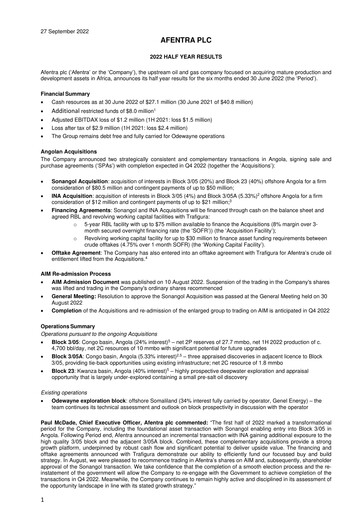 Miniature Afentra Rapport semestriel 2022-h1