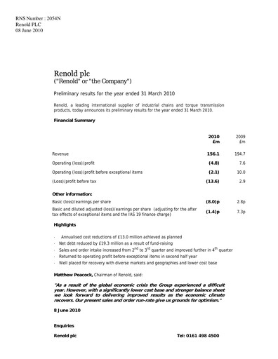 Thumbnail Renold Financial Report 2010