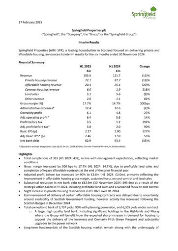 Thumbnail Springfield Properties Half-year Report 2025-h1
