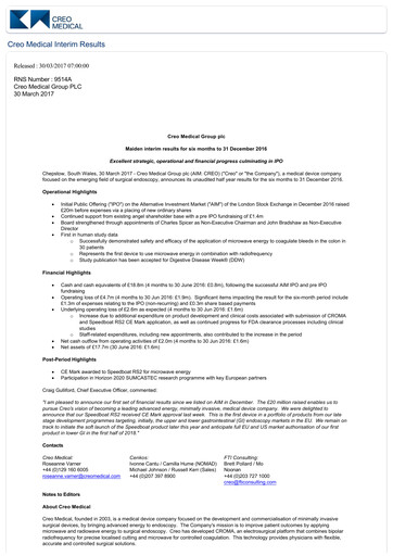 Thumbnail Creo Medical Group Half-year Report 2016-h2