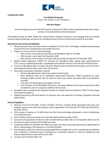 Thumbnail Creo Medical Group Half-year Report 2023-h1