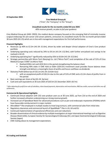 Thumbnail Creo Medical Group Half-year Report 2025-h1