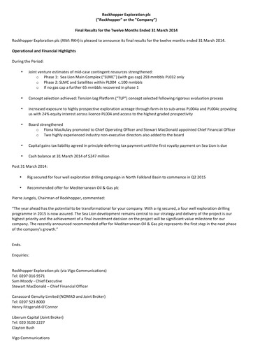 Thumbnail Rockhopper Exploration Financial Report 2014