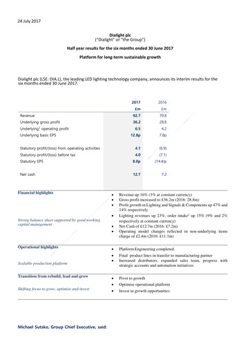 Thumbnail Dialight plc Half-year Report 2017-h1