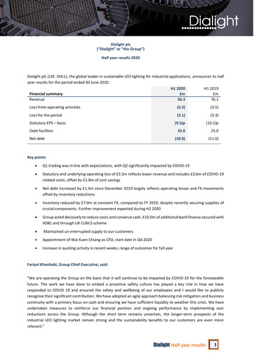 Thumbnail Dialight plc Half-year Report 2020-h1