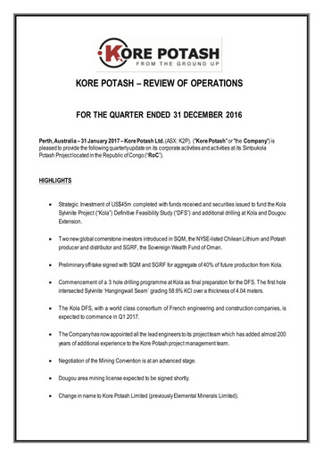 Thumbnail Kore Potash plc Quarterly Report 2016-q4