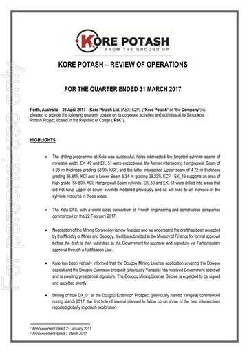 Thumbnail Kore Potash plc Quarterly Report 2017-q1