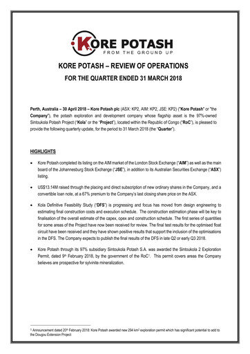 Thumbnail Kore Potash plc Quarterly Report 2018-q1