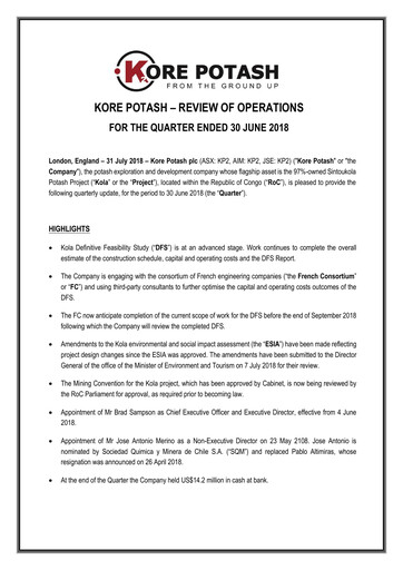 Thumbnail Kore Potash plc Quarterly Report 2018-q2