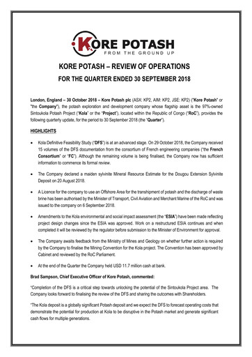 Thumbnail Kore Potash plc Quarterly Report 2018-q3