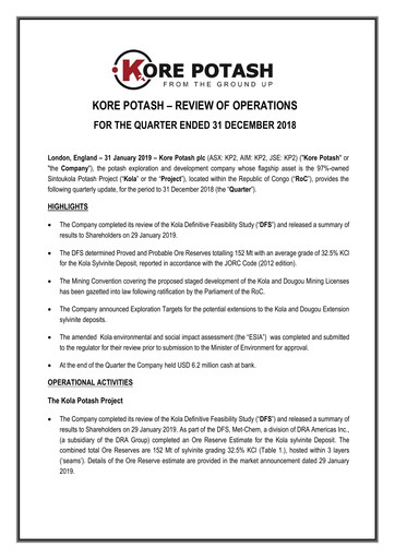 Thumbnail Kore Potash plc Quarterly Report 2018-q4