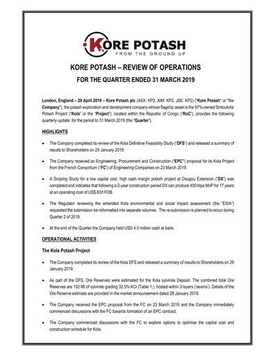 Thumbnail Kore Potash plc Quarterly Report 2019-q1