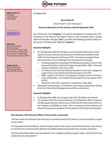 Thumbnail Kore Potash plc Quarterly Report 2020-q3