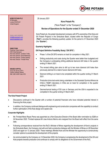 Thumbnail Kore Potash plc Quarterly Report 2020-q4