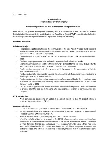 Thumbnail Kore Potash plc Quarterly Report 2021-q3