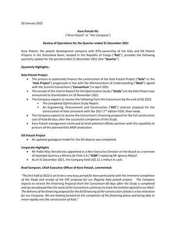 Thumbnail Kore Potash plc Quarterly Report 2021-q4