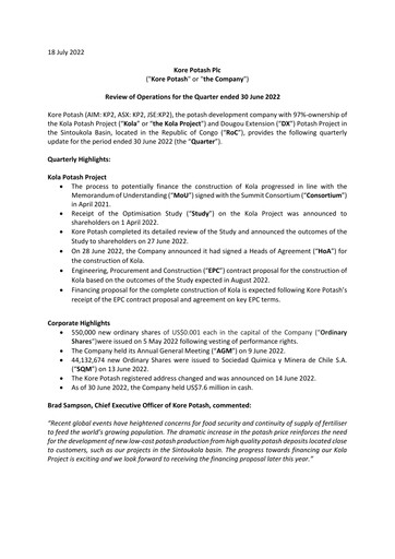 Thumbnail Kore Potash plc Quarterly Report 2022-q2