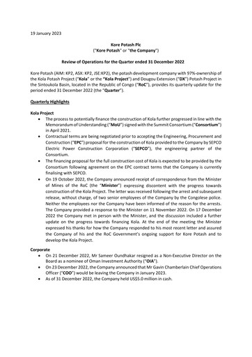 Thumbnail Kore Potash plc Quarterly Report 2022-q4
