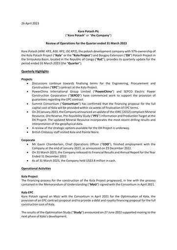 Thumbnail Kore Potash plc Quarterly Report 2023-q1
