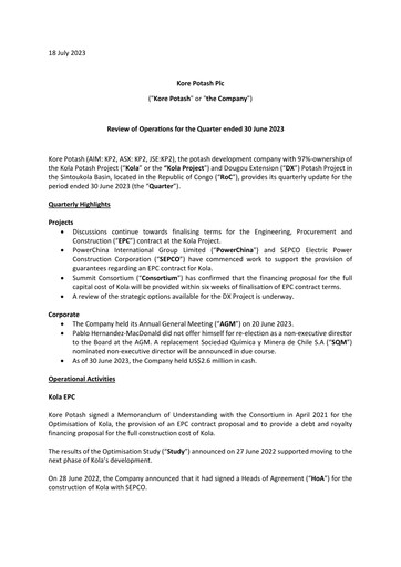 Thumbnail Kore Potash plc Quarterly Report 2023-q2