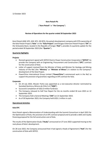 Thumbnail Kore Potash plc Quarterly Report 2023-q3