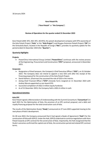 Thumbnail Kore Potash plc Quarterly Report 2023-q4