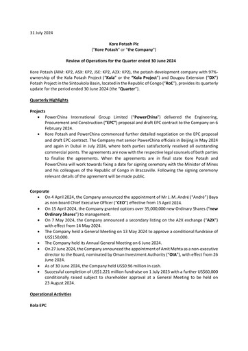 Thumbnail Kore Potash plc Quarterly Report 2024-q2