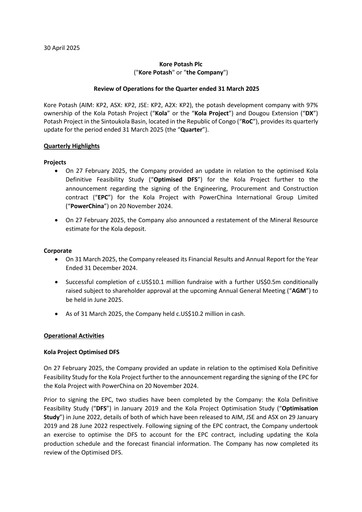 Thumbnail Kore Potash plc Quarterly Report 2025-q1