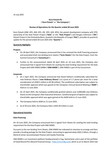 Thumbnail Kore Potash plc Quarterly Report 2025-q2