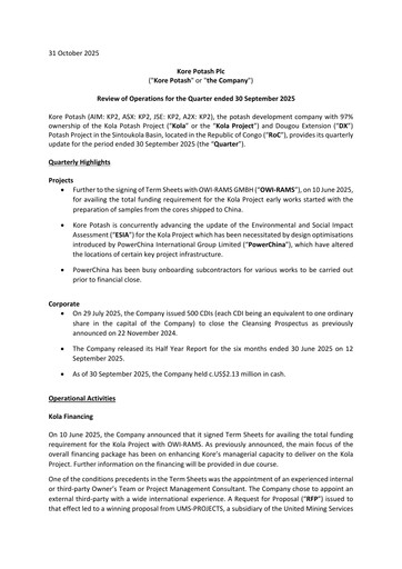 Thumbnail Kore Potash plc Quarterly Report 2025-q3