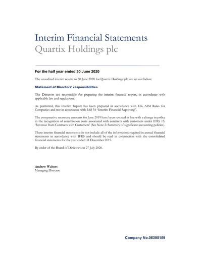 Thumbnail Quartix Technologies Half-year Report 2020-h1