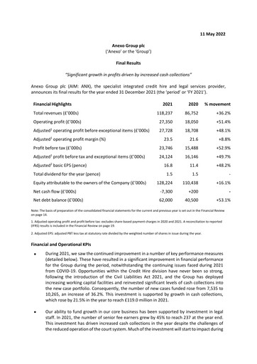 Vorschaubild Anexo Group Plc Finanzbericht 2021