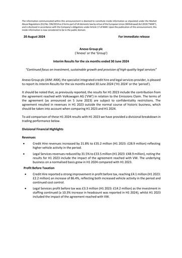 Vorschaubild Anexo Group Plc Halbjahresbericht 2024-h1